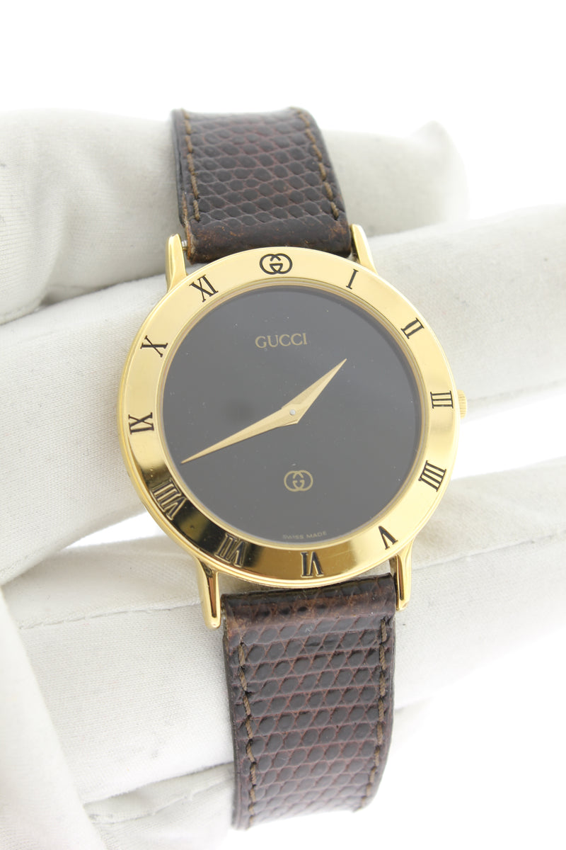 Gucci 3000M Gold Plated Swiss Quartz Black Dial Roman Index Bezel 33mm