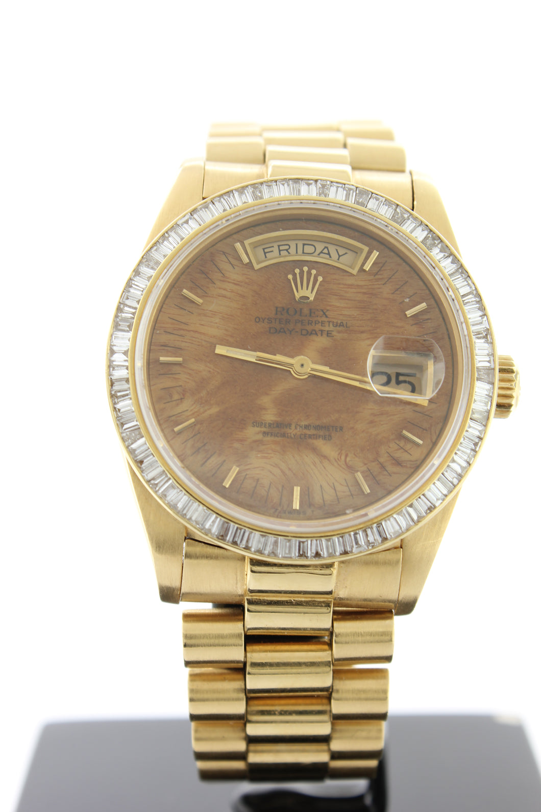 Rolex Day Date President 18K Yellow Gold Wood Dial Diamond Bezel 36mm 18038 - Arnik Jewellers